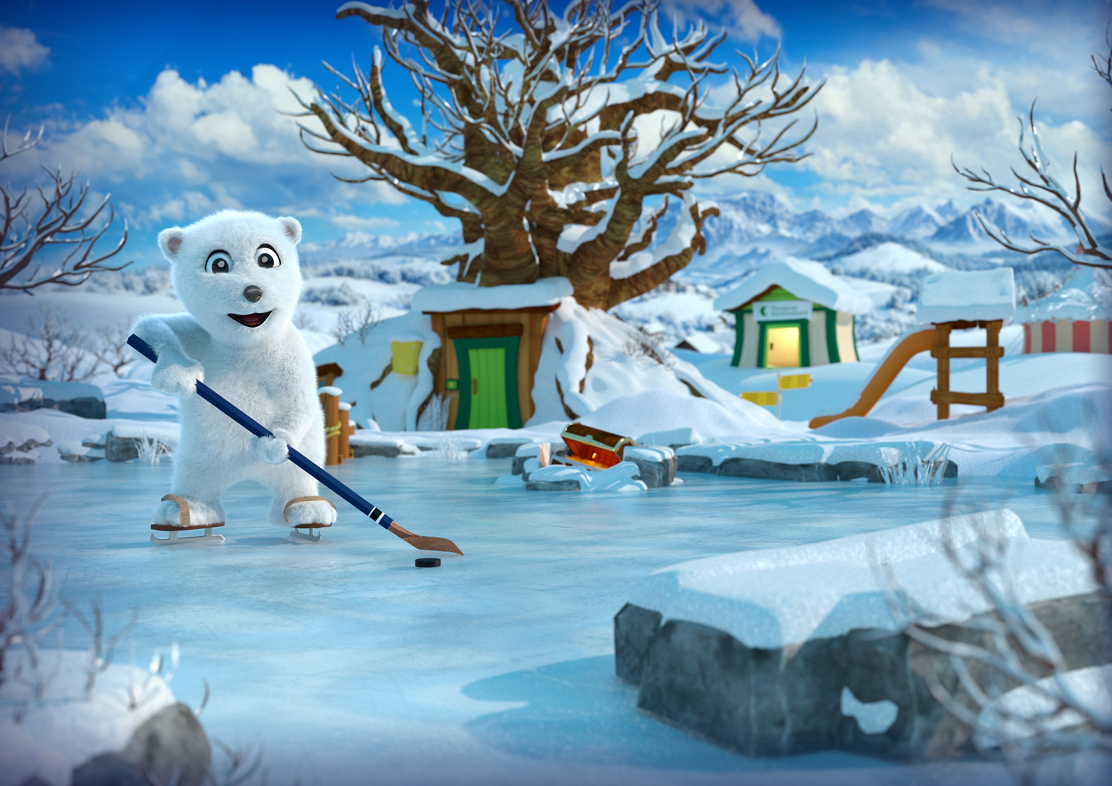 Carlo spiel Eishockey in Winterlandschaft