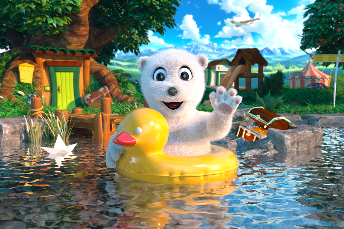 Carlo schwimmt auf Bade-Ente im See im Thurgau und winkt.