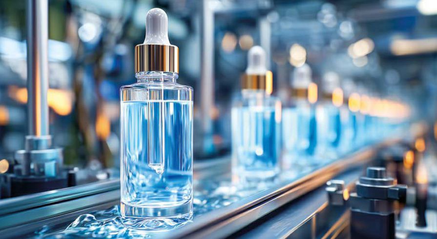 Themenbild Wirtschaft: Flaschen auf einem Fliessband.